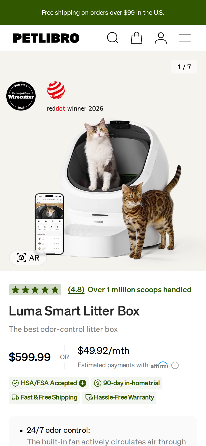 Phone-width view of the Petlibro Luma product page showing the price of $599.99