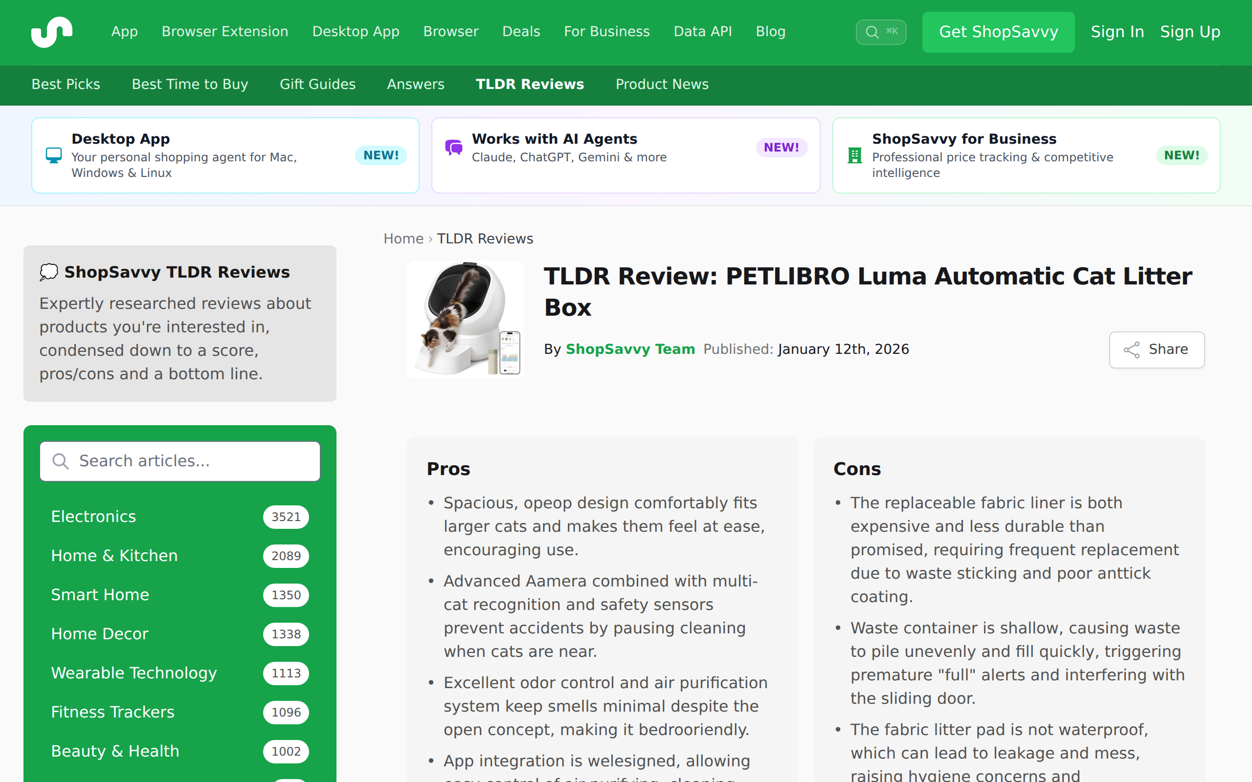 ShopSavvy's summary review page for the Petlibro Luma with pros and cons