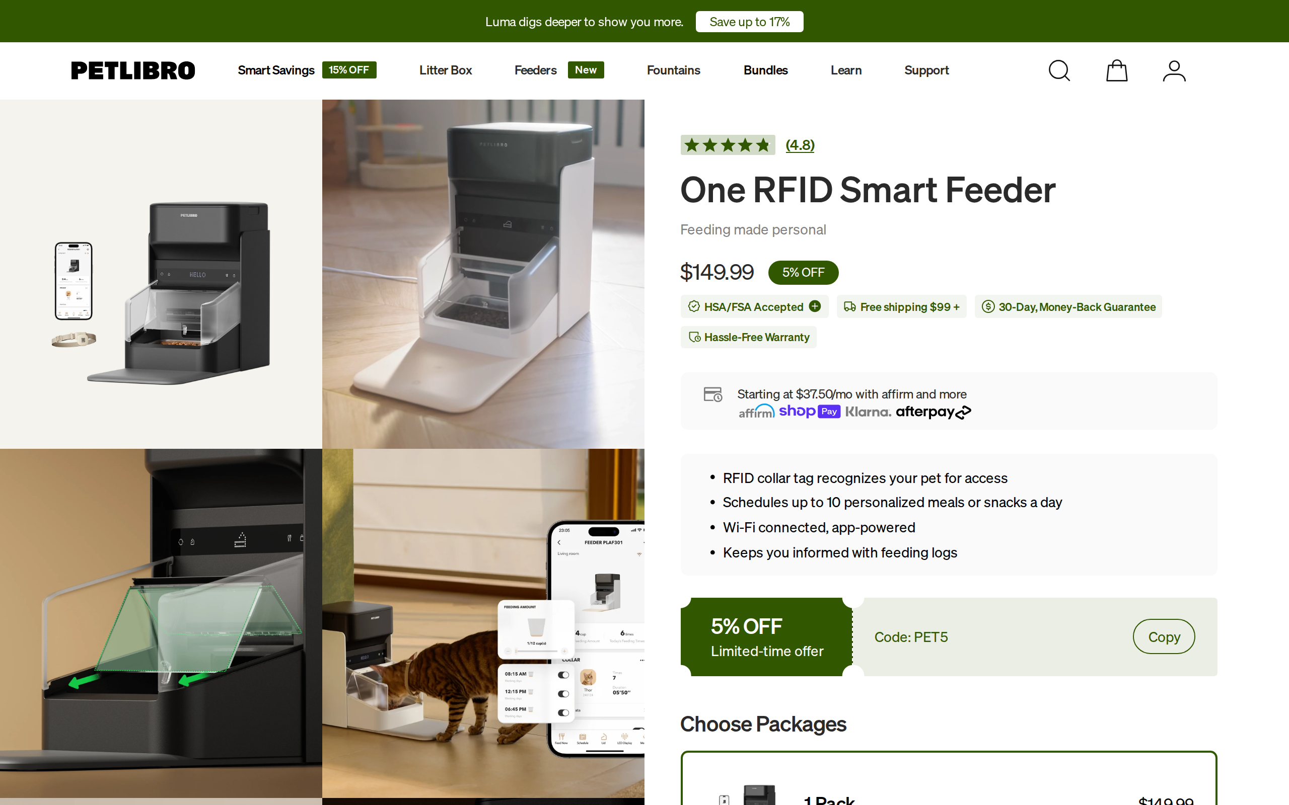 Petlibro product page for the One RFID Smart Feeder at $149.99 with product gallery images