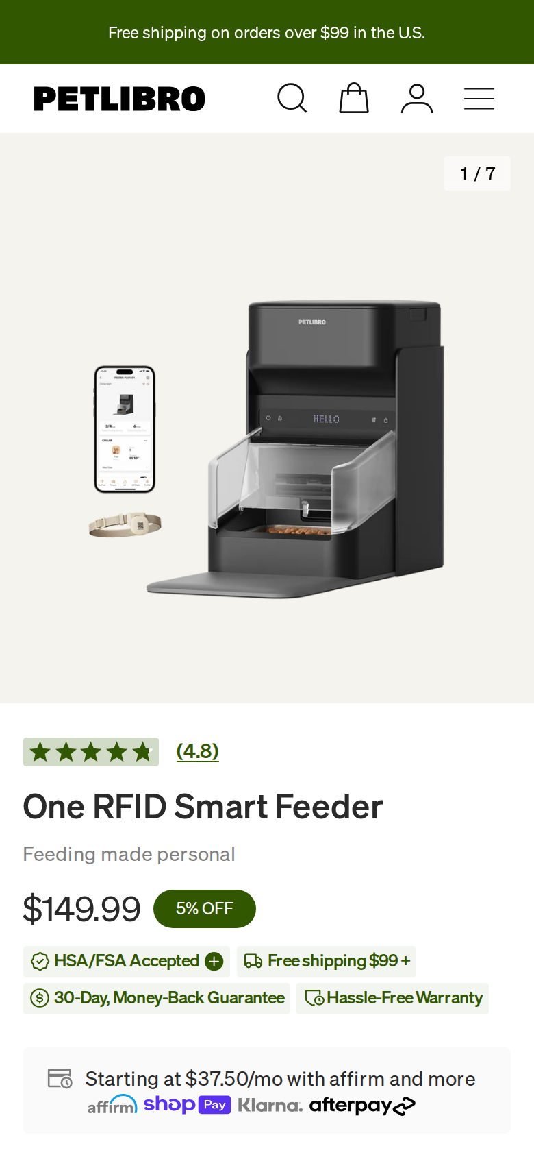 Petlibro One RFID feeder page at phone width showing $99, $149.99 and $37.50 a month