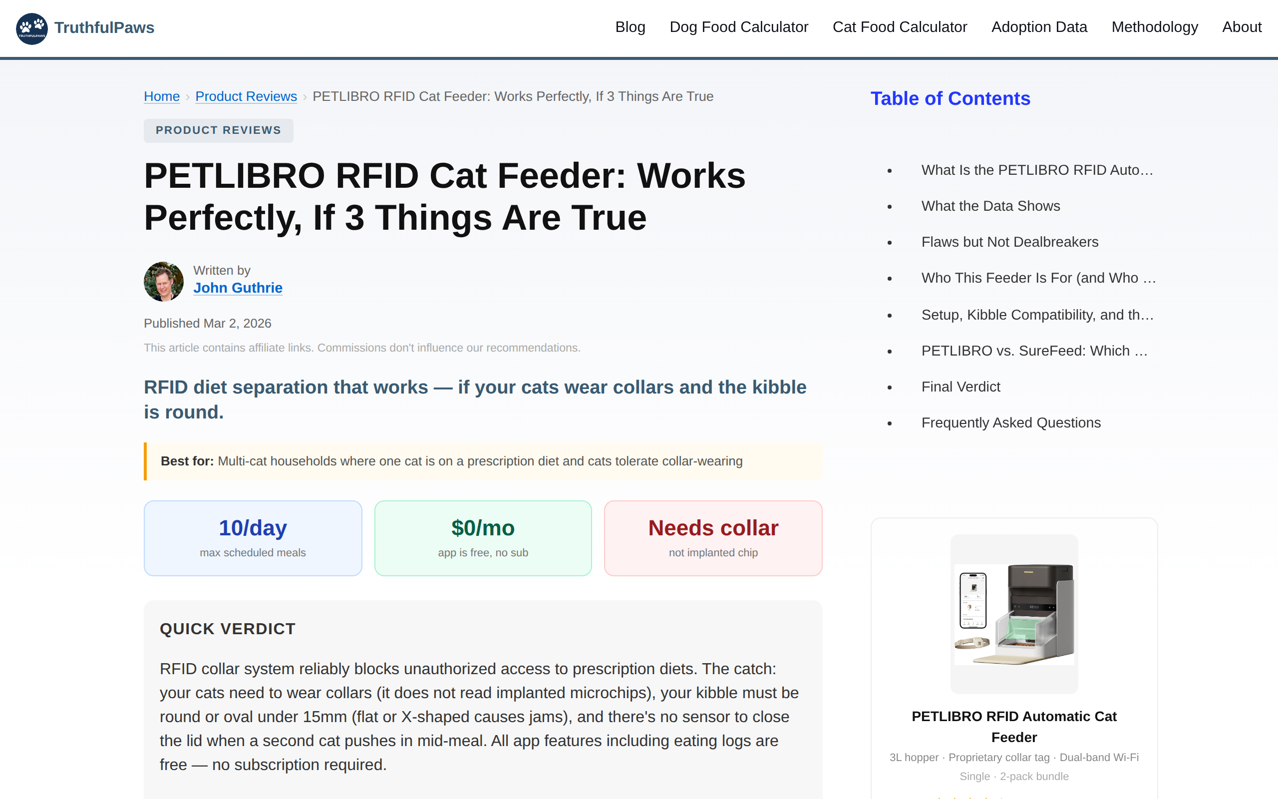 TruthfulPaws review page headed PETLIBRO RFID Cat Feeder: Works Perfectly, If 3 Things Are True