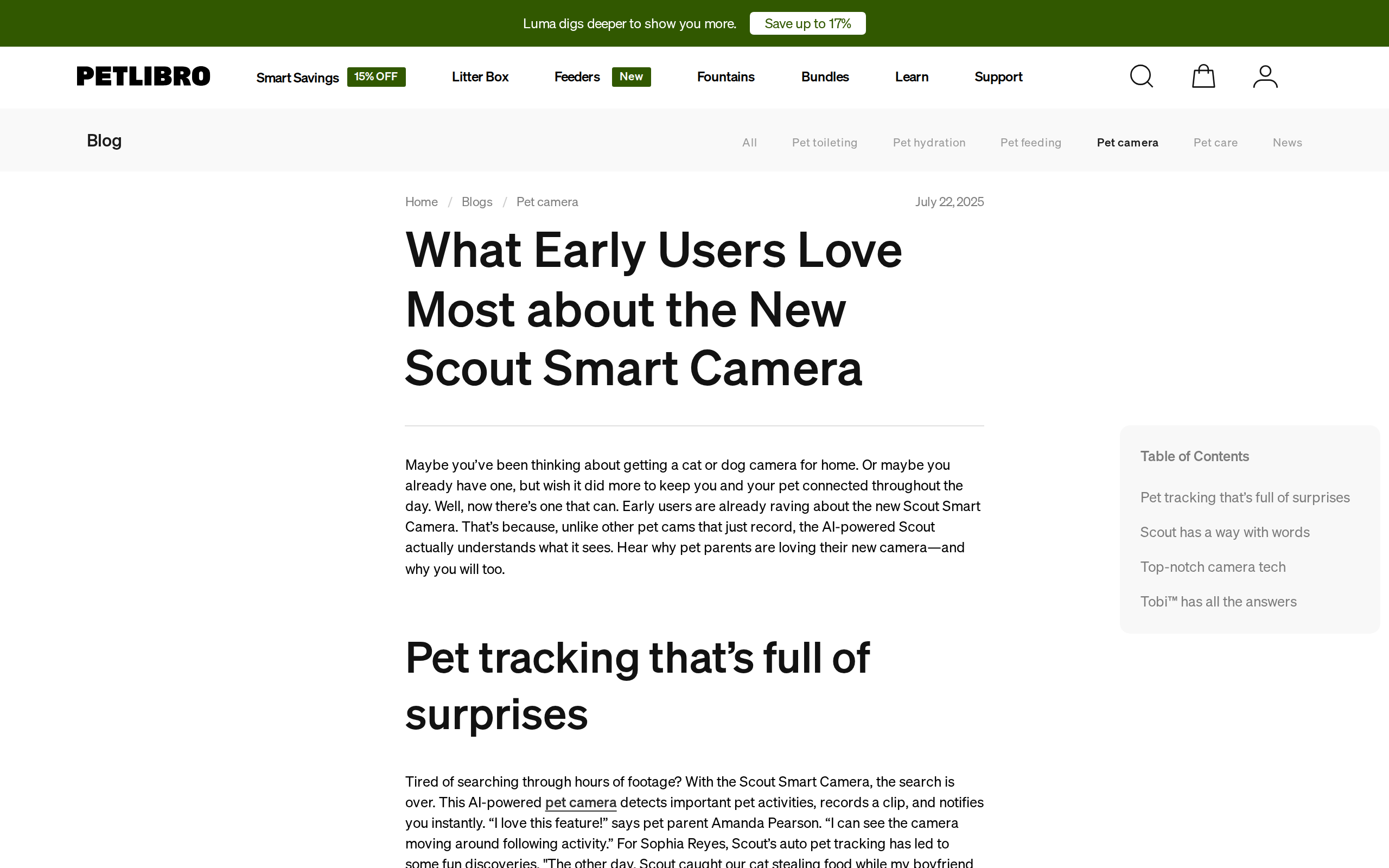 Petlibro blog page headed What Early Users Love Most about the New Scout Smart Camera, with sections on pet tracking and the Tobi assistant