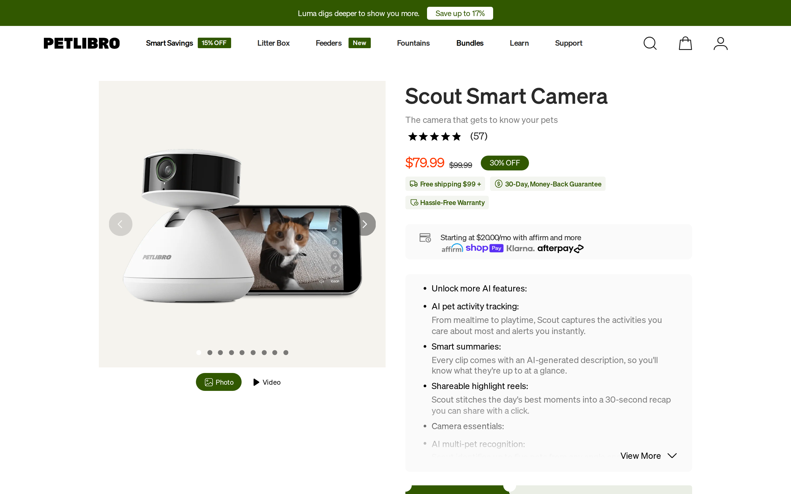 Petlibro product page for the Scout Smart Camera showing a $79.99 sale price against $99.99