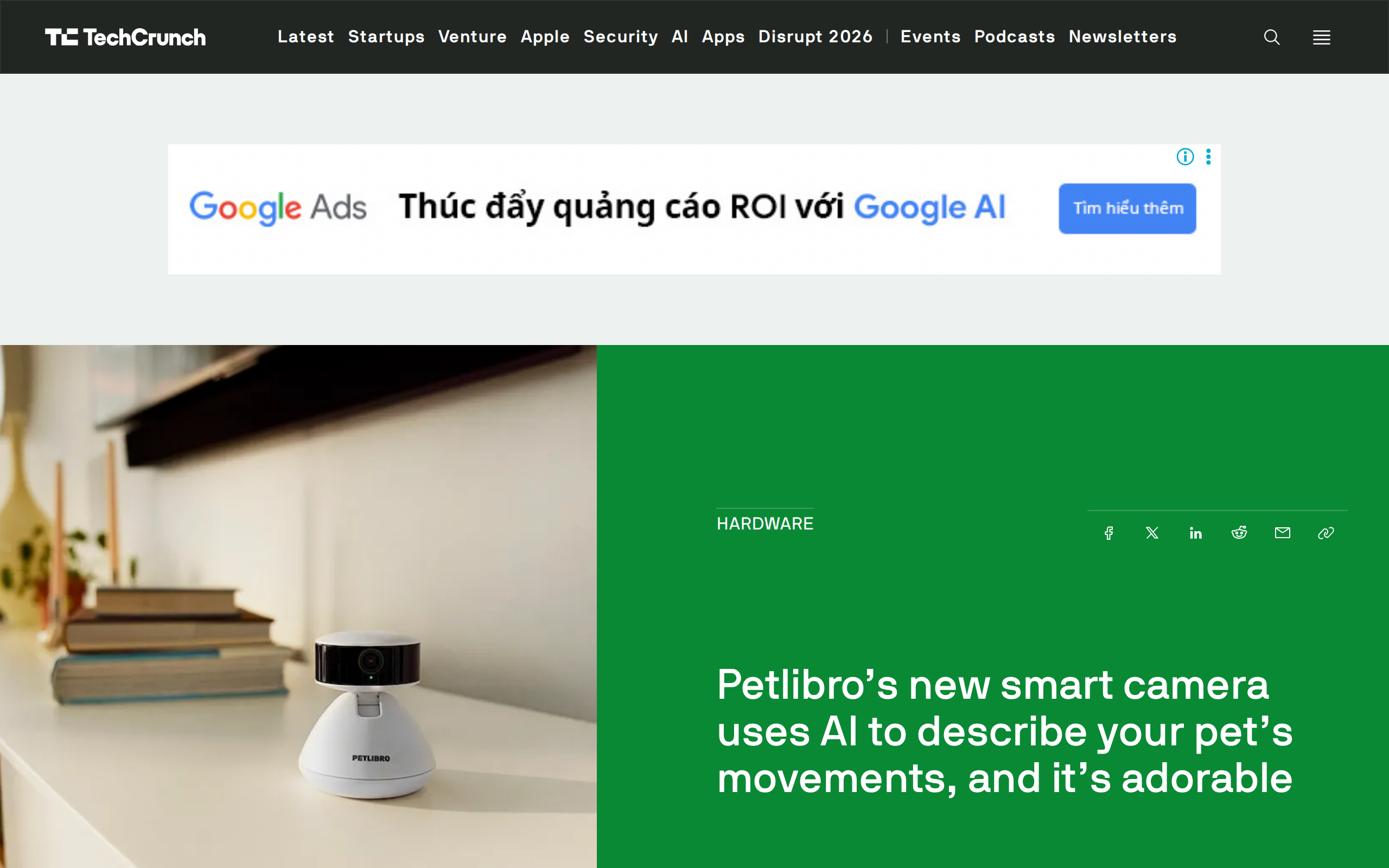 TechCrunch article headed Petlibro's new smart camera uses AI to describe your pet's movements, and it's adorable
