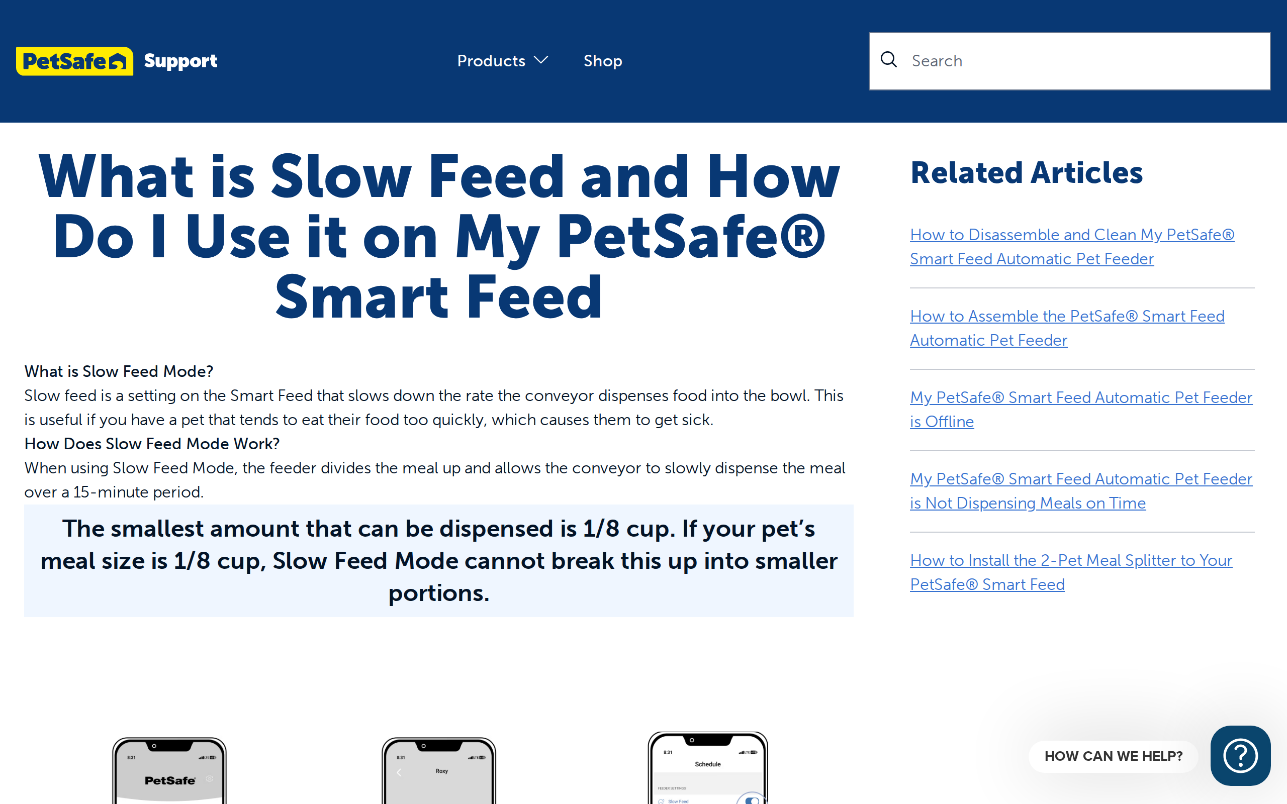 PetSafe support article "What is Slow Feed and How Do I Use it on My PetSafe Smart Feed", with phone screenshots of the app setting