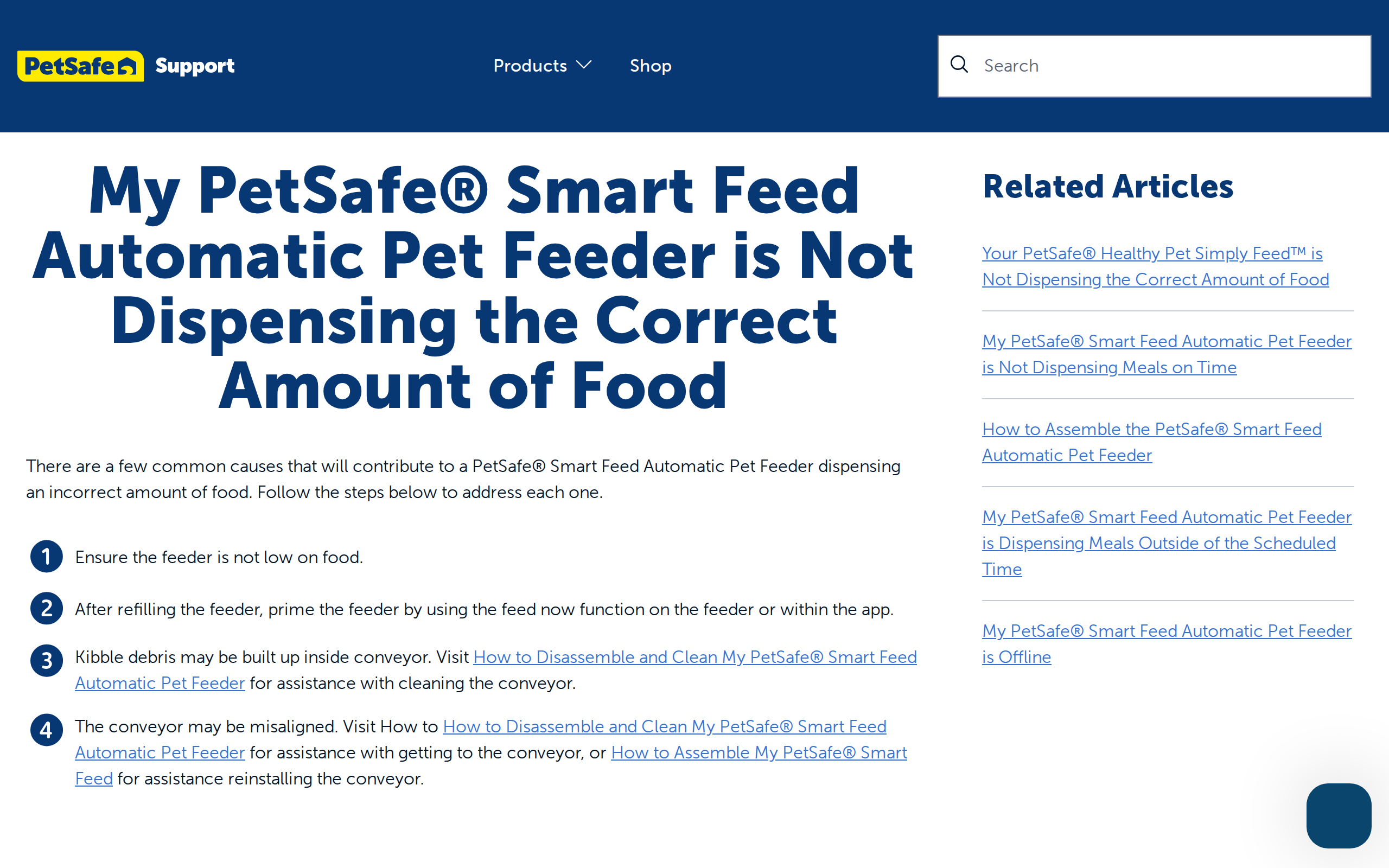 PetSafe support article "My Smart Feed Automatic Pet Feeder is Not Dispensing the Correct Amount"