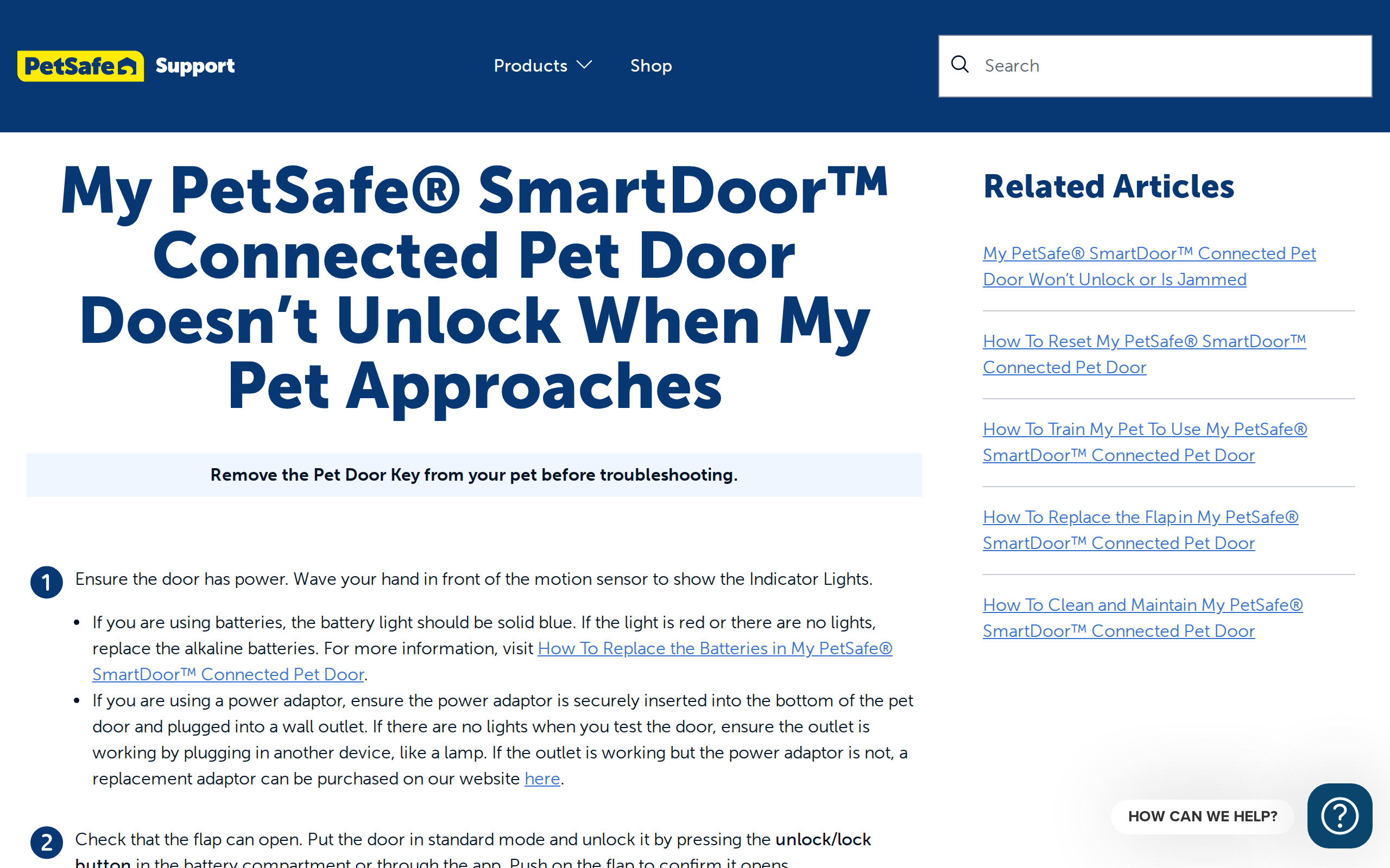 PetSafe support article "My SmartDoor Connected Pet Door Doesn't Unlock When My Pet Approaches"