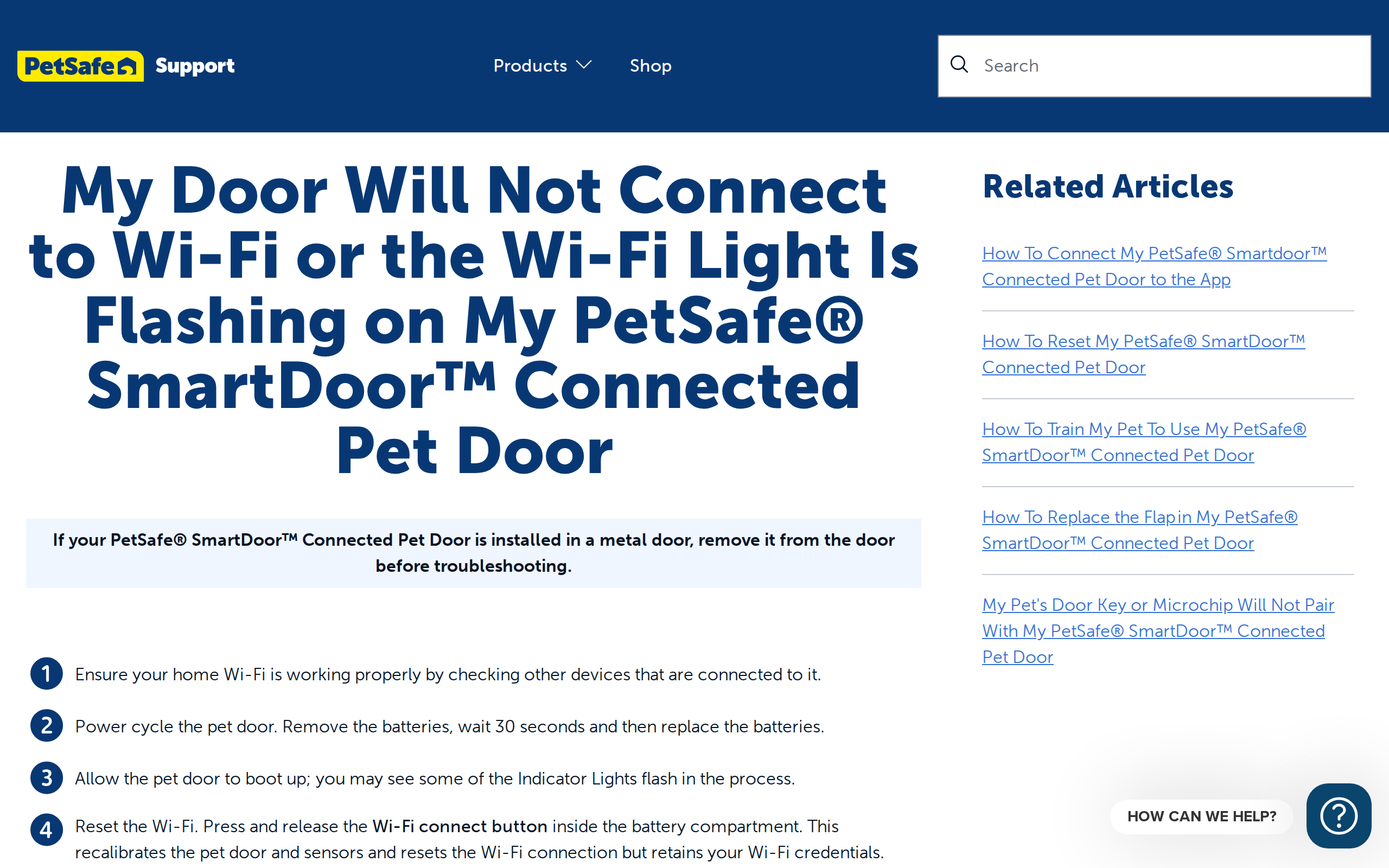PetSafe support article "My Door Will Not Connect to Wi-Fi or the Wi-Fi Light Is Flashing"