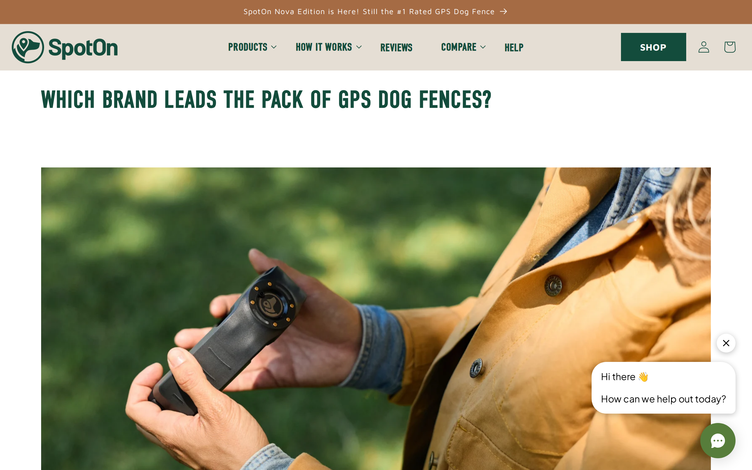 SpotOn's third-party accuracy page, headed "Which brand leads the pack of GPS dog fences?"