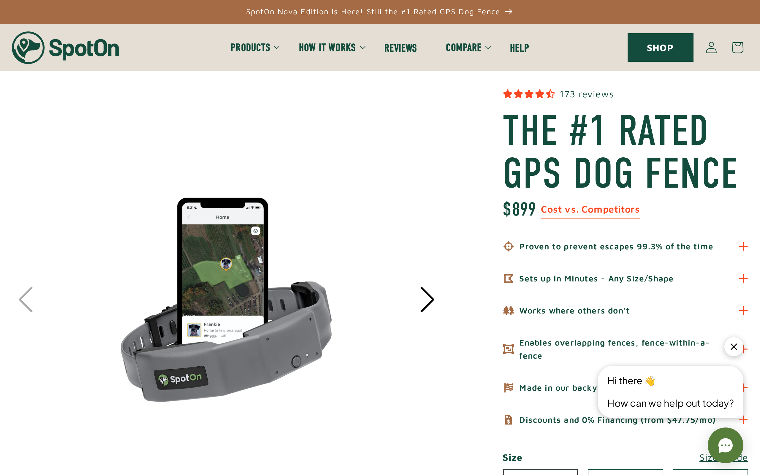 SpotOn's Omni Edition product page headed The #1 Rated GPS Dog Fence, with the $899 price and financing from $47.75 a month