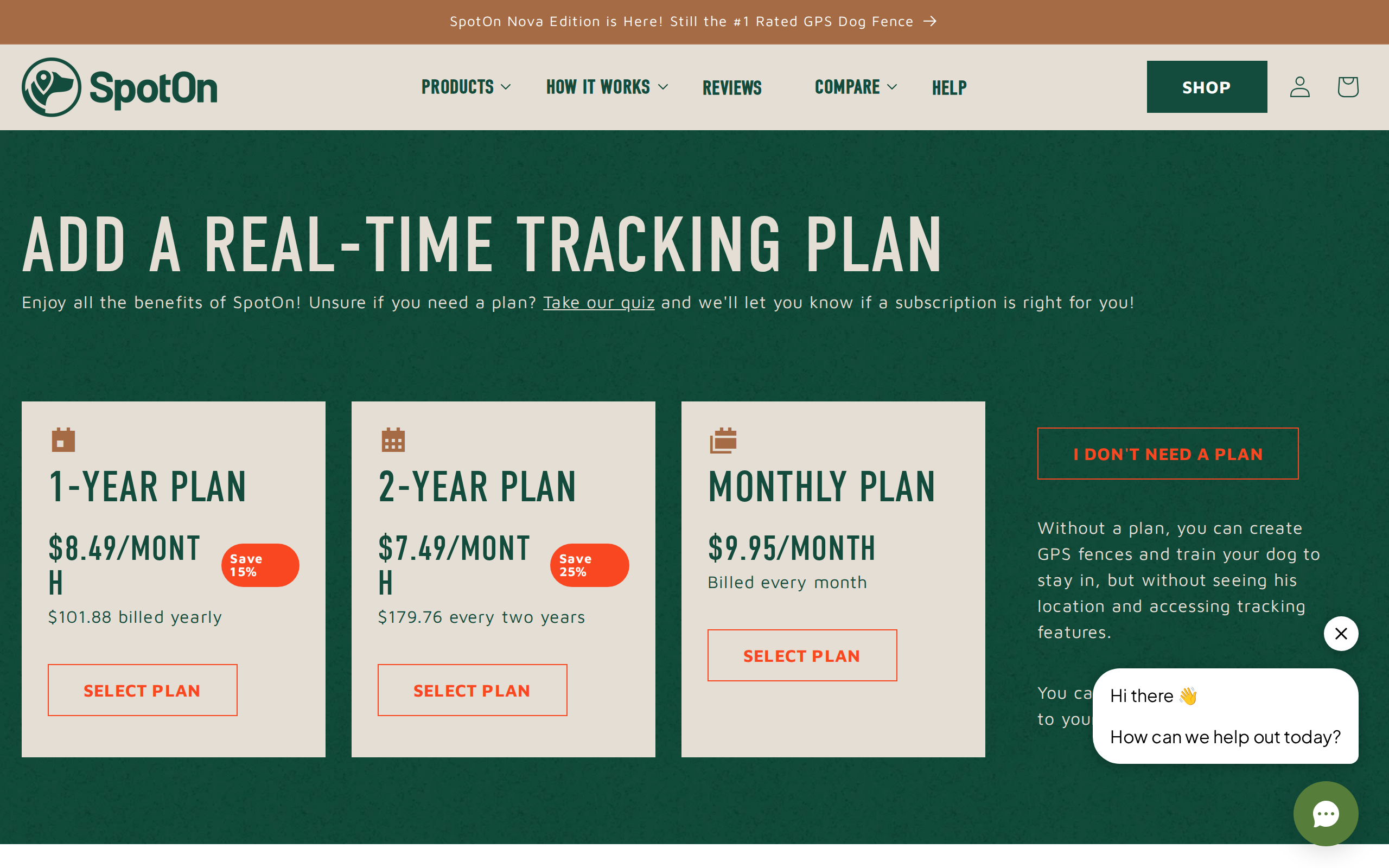 SpotOn's tracking plan page, with a 1-year plan at $8.49 a month, a 2-year plan at $7.49 a month and a monthly plan
