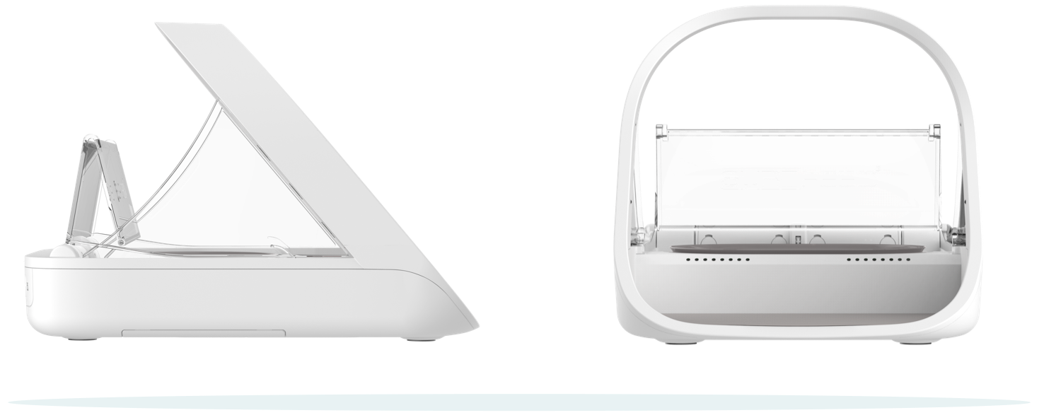 Two side views of the white feeder: one with the lid raised high, one from the front showing the arched frame and bowl tray