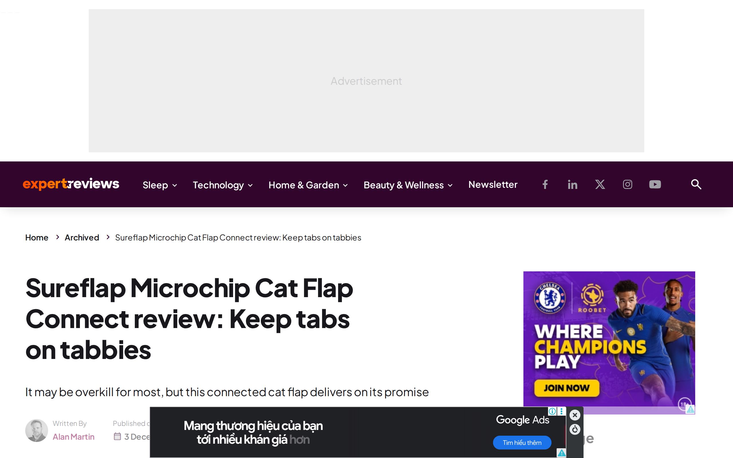 Expert Reviews' page for the Sureflap Microchip Cat Flap Connect, titled Keep tabs on tabbies