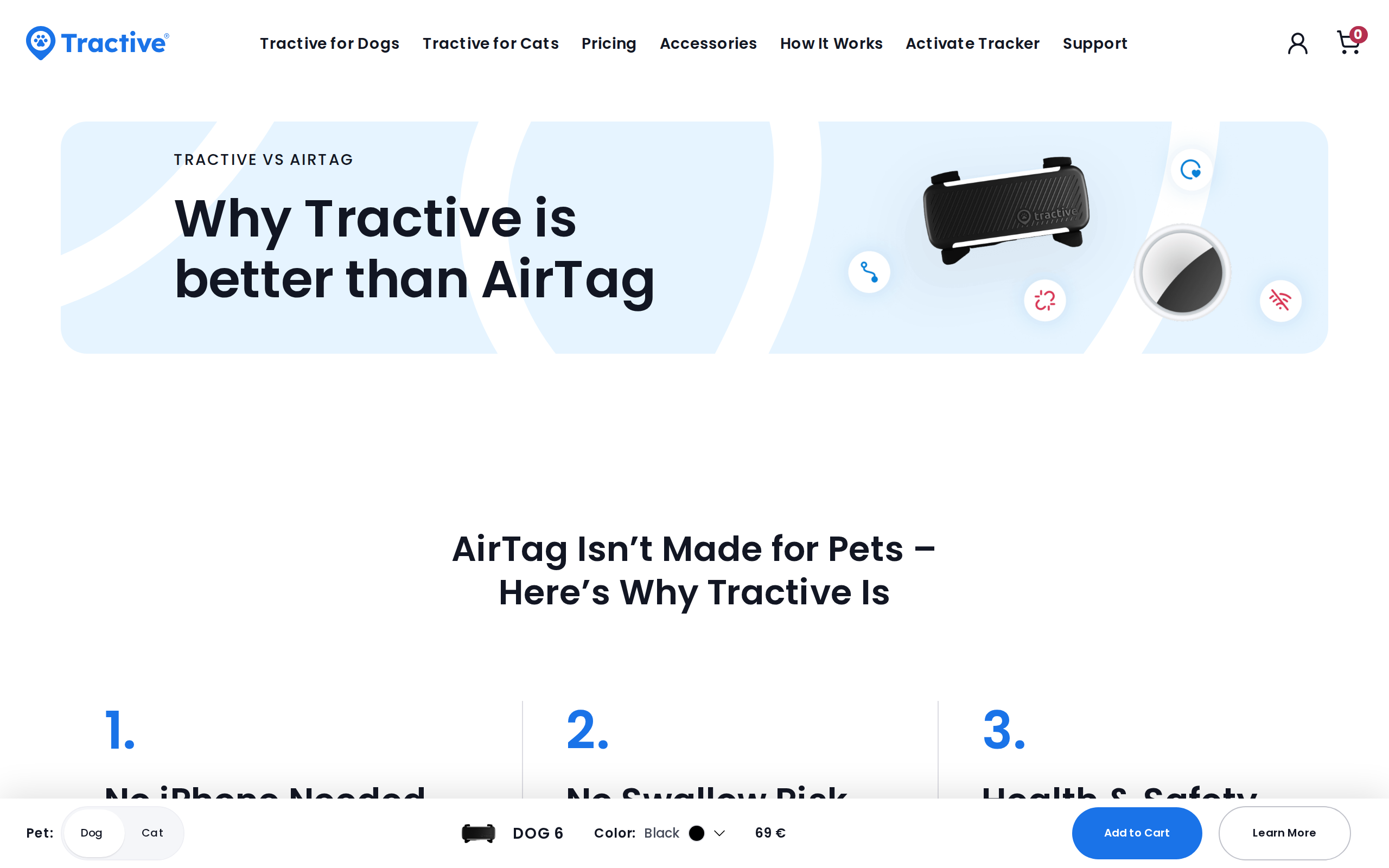 Tractive comparison page "Why Tractive is better than AirTag" with a black Dog 6 tracker on a pale blue background
