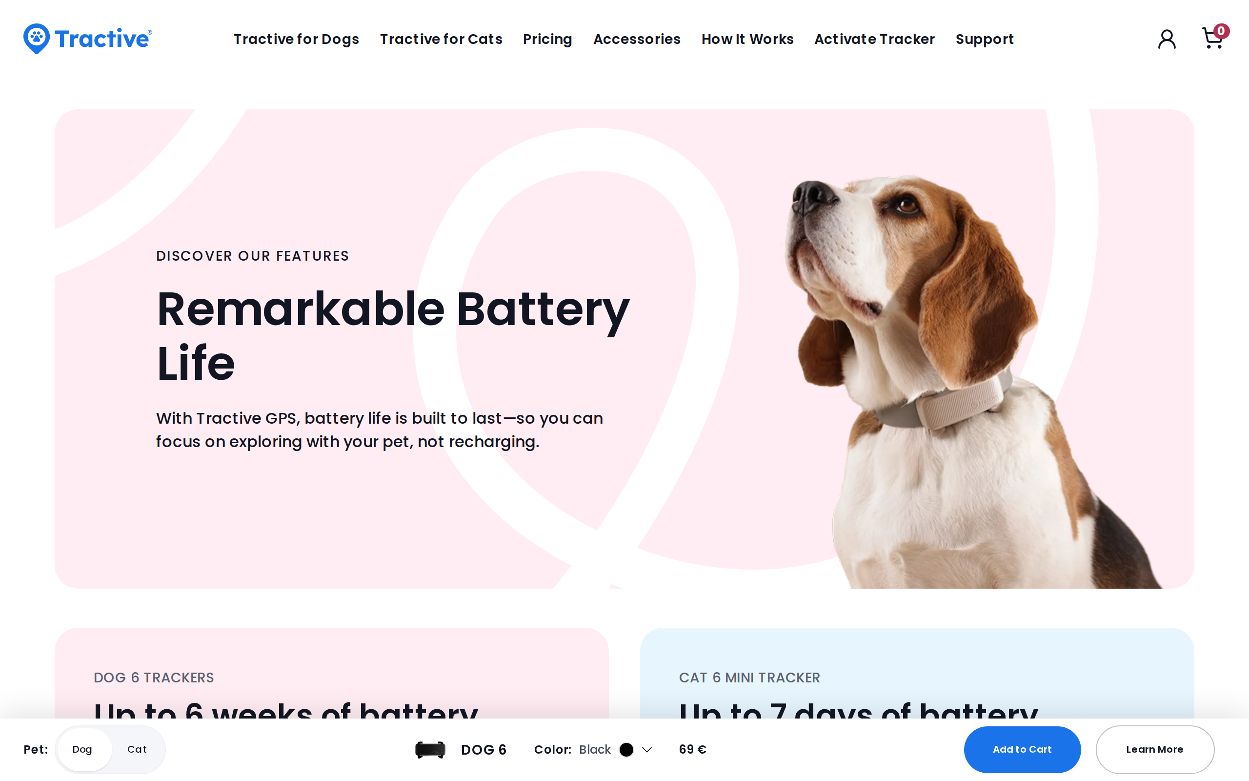 Tractive battery page headed "Remarkable Battery Life" with up to 6 weeks and up to 7 days of battery