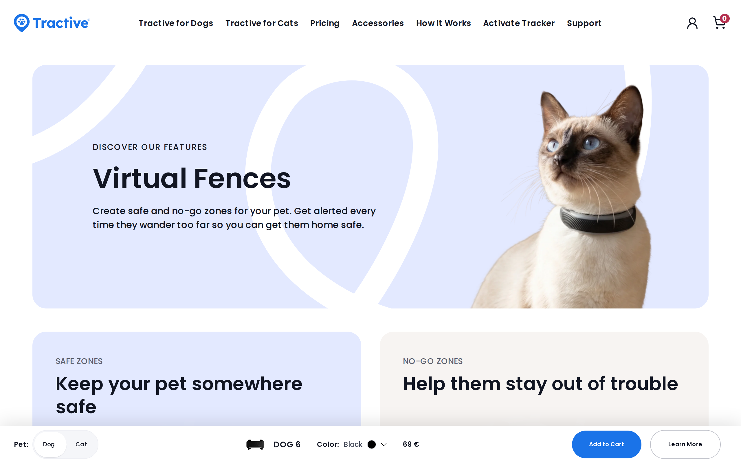 Tractive Virtual Fences page, with the headline "Keep your pet somewhere safe"