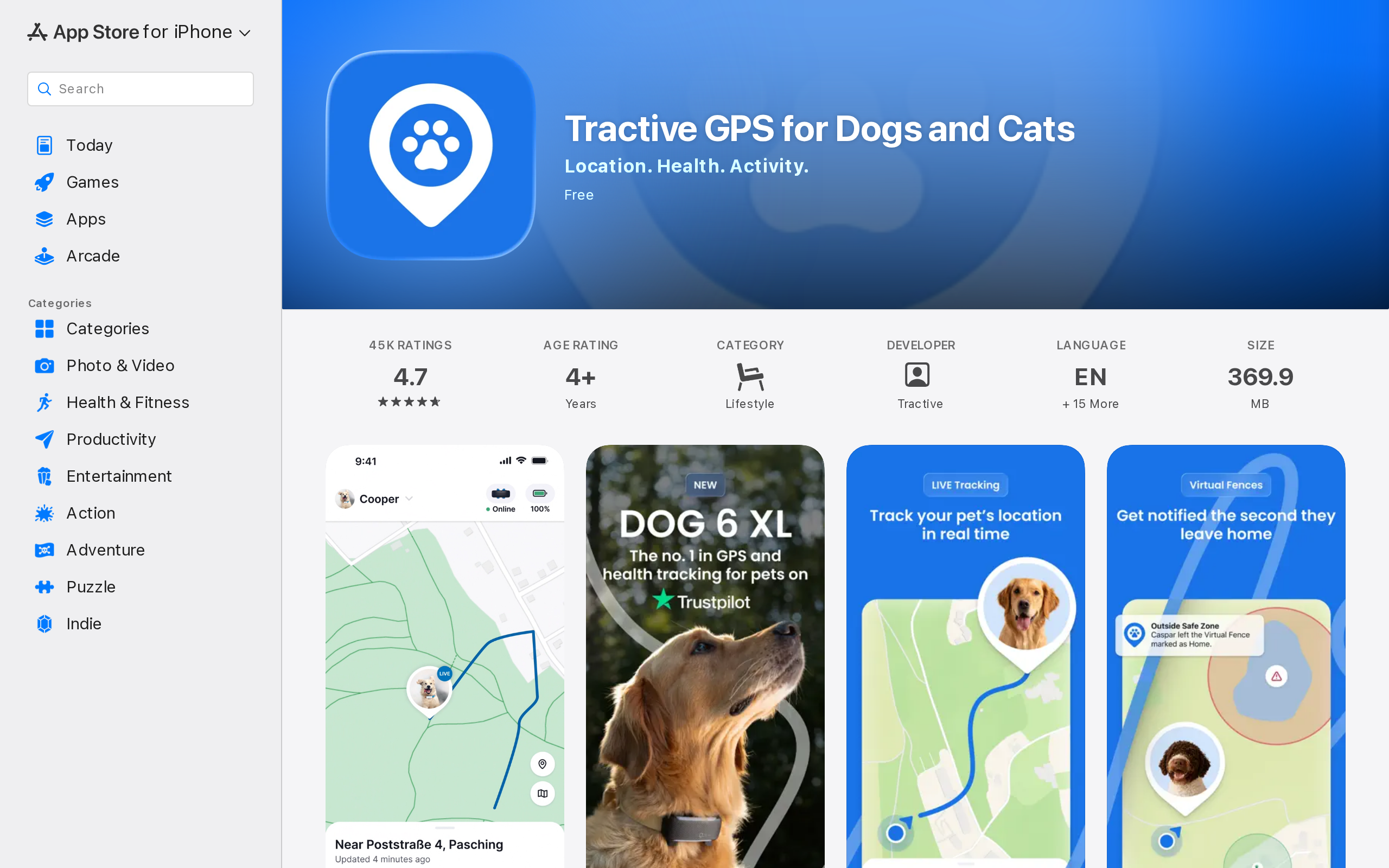 The Tractive app listing on the App Store with its tagline Location. Health. Activity.