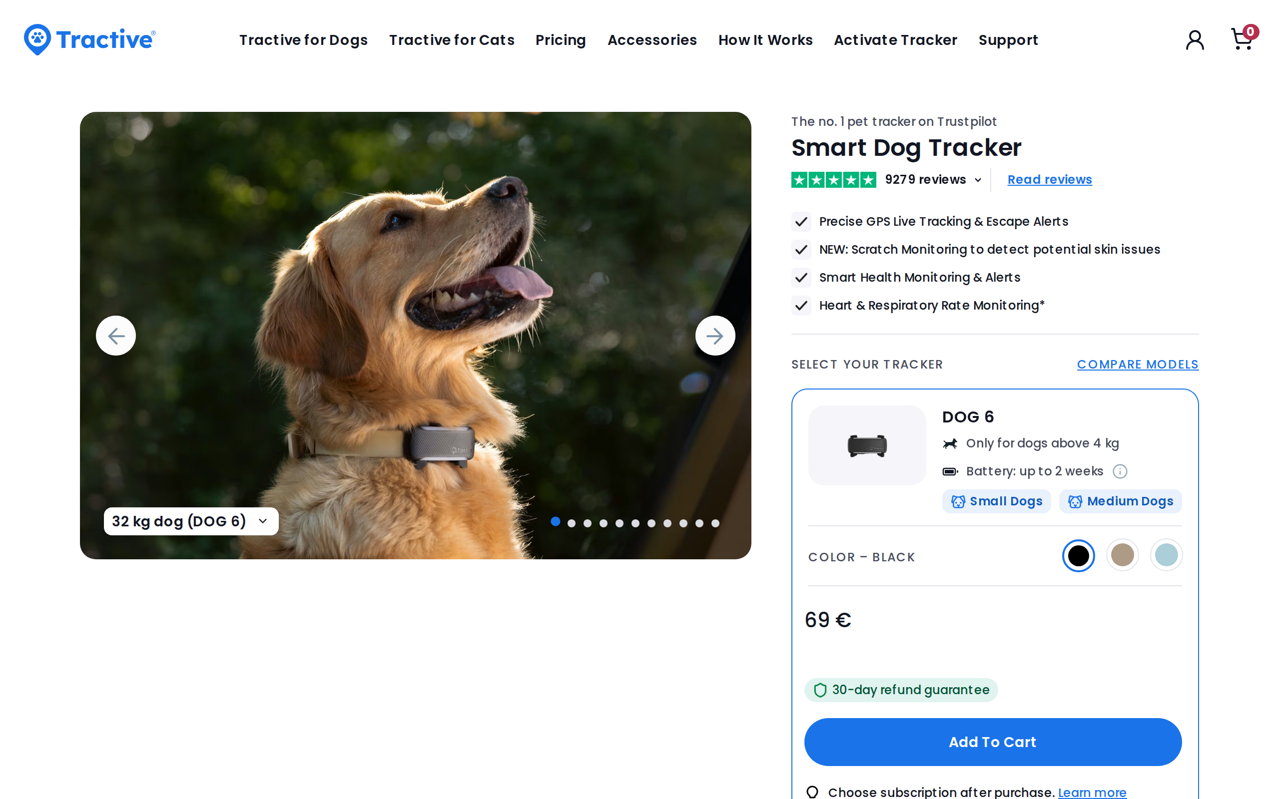 Tractive DOG 6 product page headed Smart Dog Tracker with live GPS, health monitoring and scratch monitoring features
