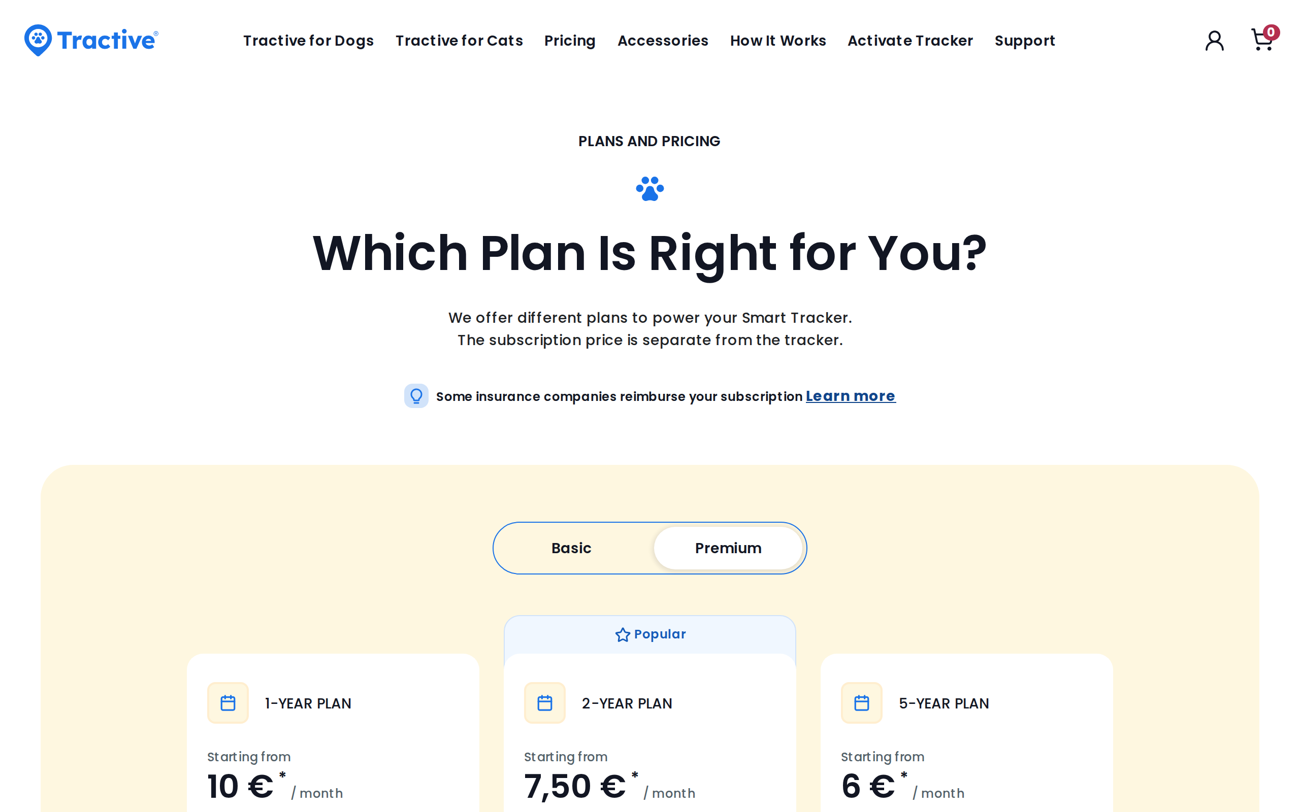 Tractive's plans page showing the Premium tab with 1-year, 2-year and 5-year plans