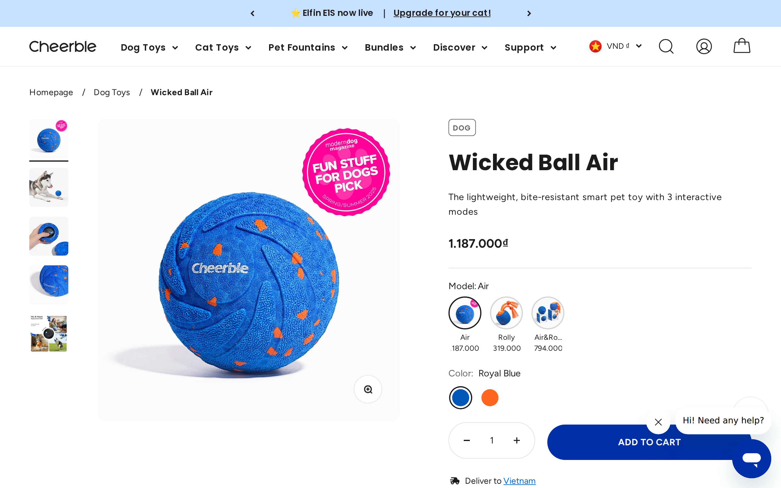 Cheerble's product page for the Wicked Ball Air with three photos of the blue ball and a dog playing